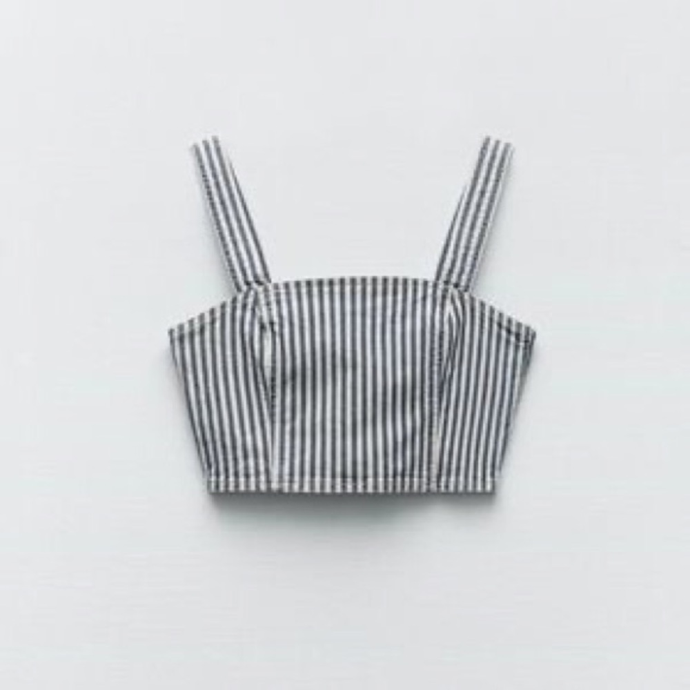 Zara Striped Denim Crop Top In Blue / White - Picture 3 of 7